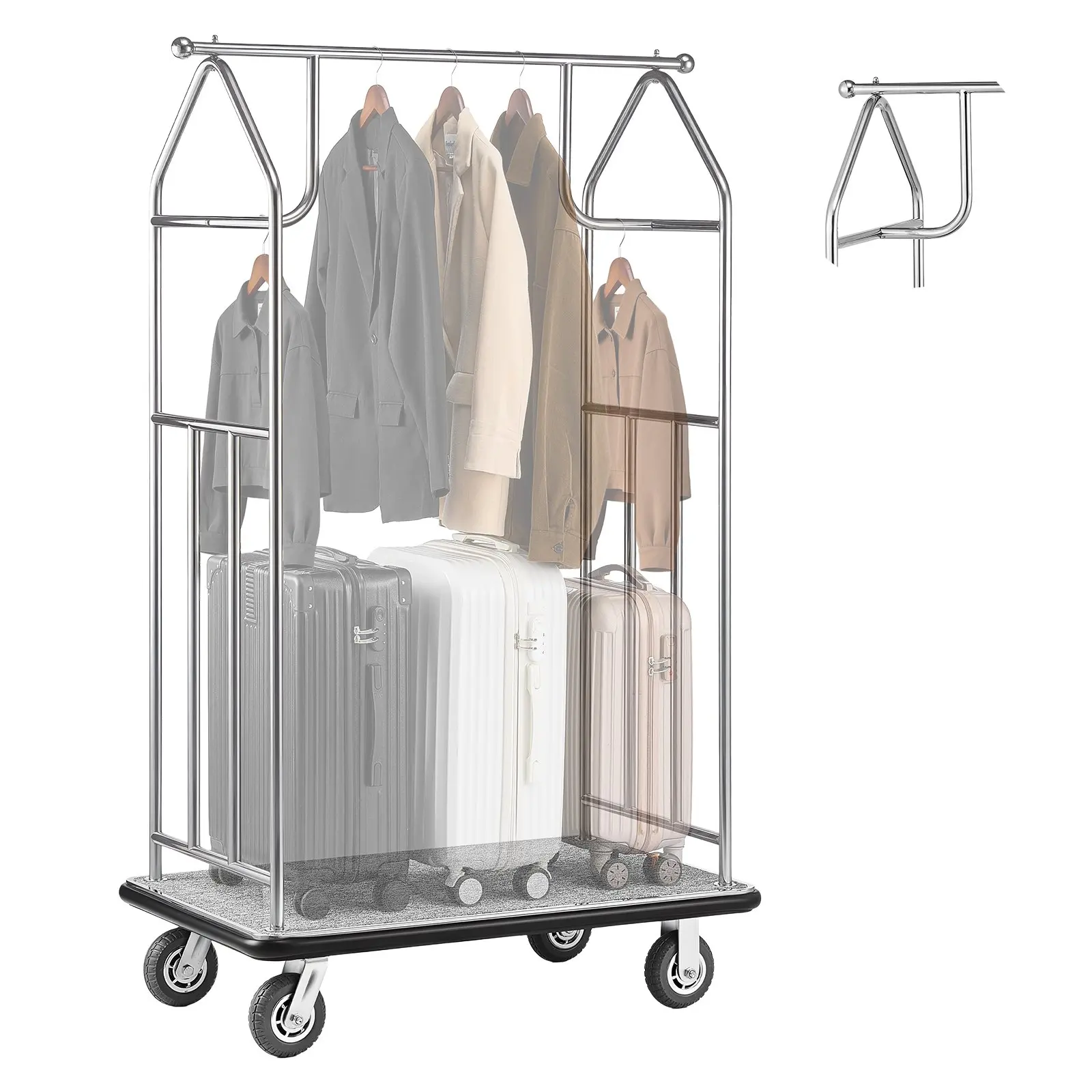 【DealsForYouDays】VEVOR Hotel Luggage Cart, 800 LBS Load Capacity, Brushed Stainless Steel Finish Bellman's Cart, Valet Cart with Grey Carpeted Deck and 6-inch Rubber Wheels, Ideal for Hotels, Condos, Resorts, Silver