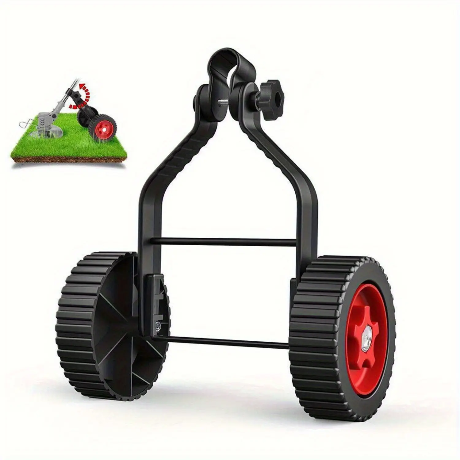 Adjustable Lawn Mower Support Wheels, Detachable Non-slip Trimmer Attachment with Flexible Latch, Black Plastic & Metal Structure, Easy Install & Stable Support, Universal Fit for Weed Eaters and Gas Lawn Mowers for Yard Grass Trimming