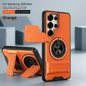 Mecha Push Window Phone Case, Magnetic Ring Shockproof Armor Cover for iPhone 17/16/15 Pro Max & Samsung S26 Serie