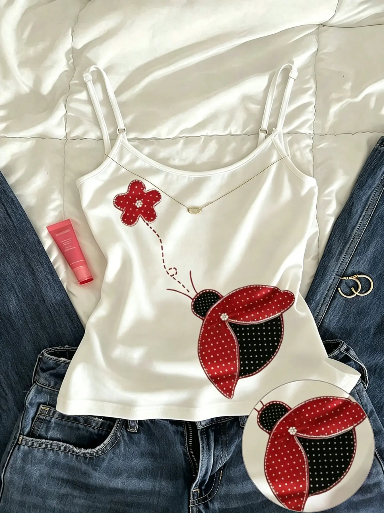 Women's Y2K Style Camisole With Cute Ladybug Floral Print, Adjustable Thin Straps, Spaghetti Strap, Cropped Style, Perfect for Everyday Summer Street Style.
