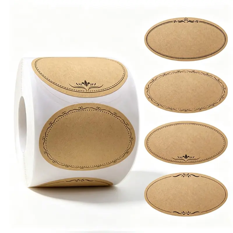 250 Stickers Per Roll, 2.5x1.4 Inch Kraft Paper Labels, Sticky Labels, Reusable Adhesive Tags for Kitchen Food Dating, Elliptical Writeable Labels
