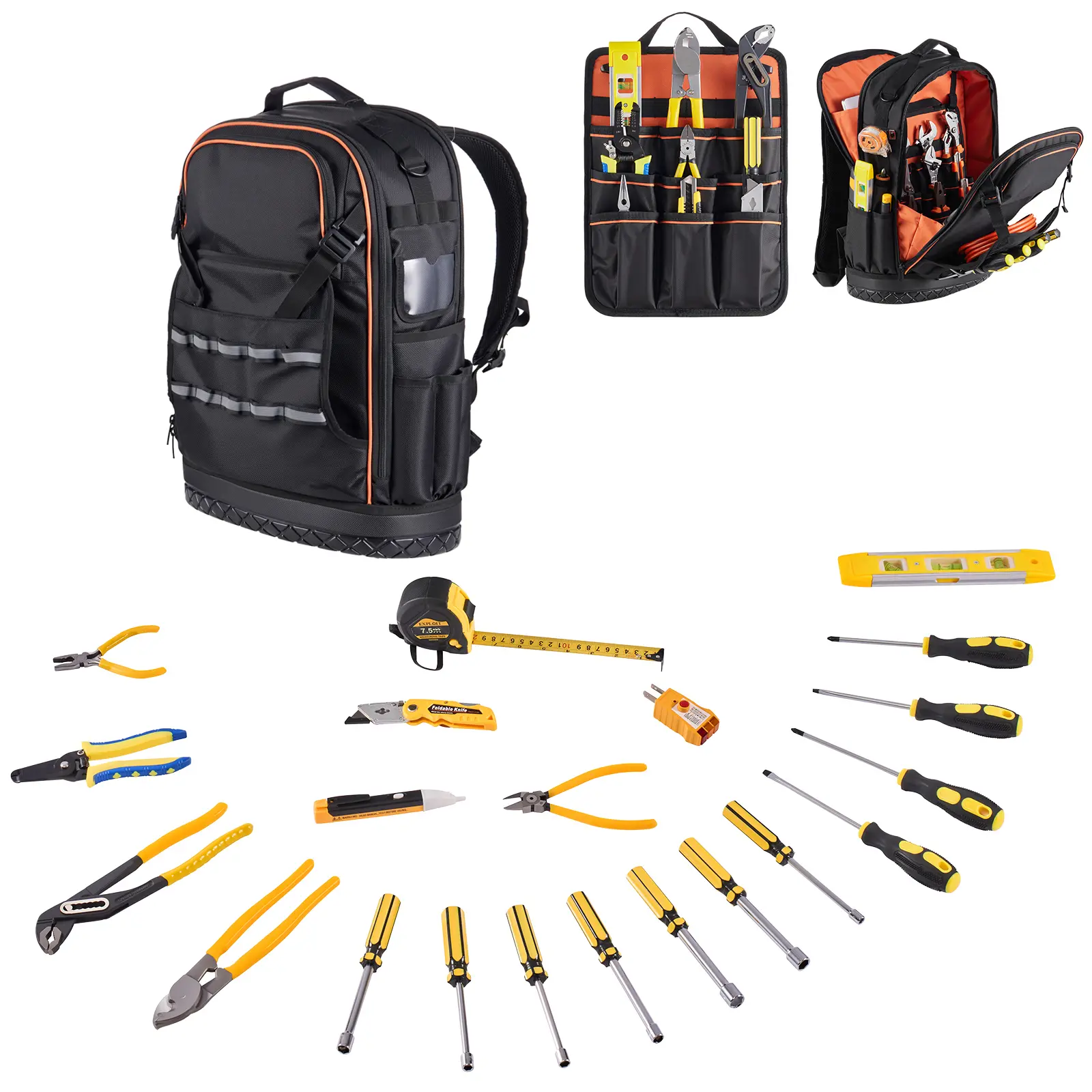 Tool Backpack with Tools, 65 Pockets, Heavy-duty Tools Storage Organizer Bags with Laptop Compartment & Molded Base, Electrician Jobsite Backpack for Electrician, Repairman, and HVAC Techs