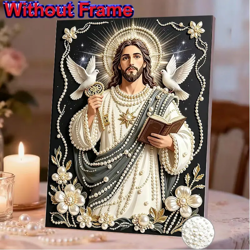 New Pearl Diamond Painting Kit, Saint Jesus reads the Bible,Handmade Pearl Wall Art  DIY Stress Relief, Home Decor, Holiday Gift, No Frame Included, Creative Craft Supplies