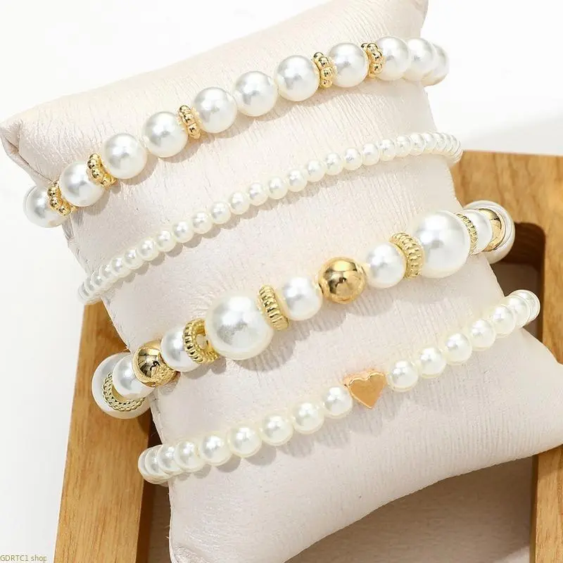 Retro Faux Pearl Bracelet Set for Women, 4-Piece Handmade Stackable Beaded Jewelry, Elegant Bag Charm for Dinner Dates & Bridal Gifts, Girl, Anniversary, Adults, Dinner Date, Bangle, Stacked, Comfortable For All-Day Wear, Birthday, Bridal Events, Daily, F