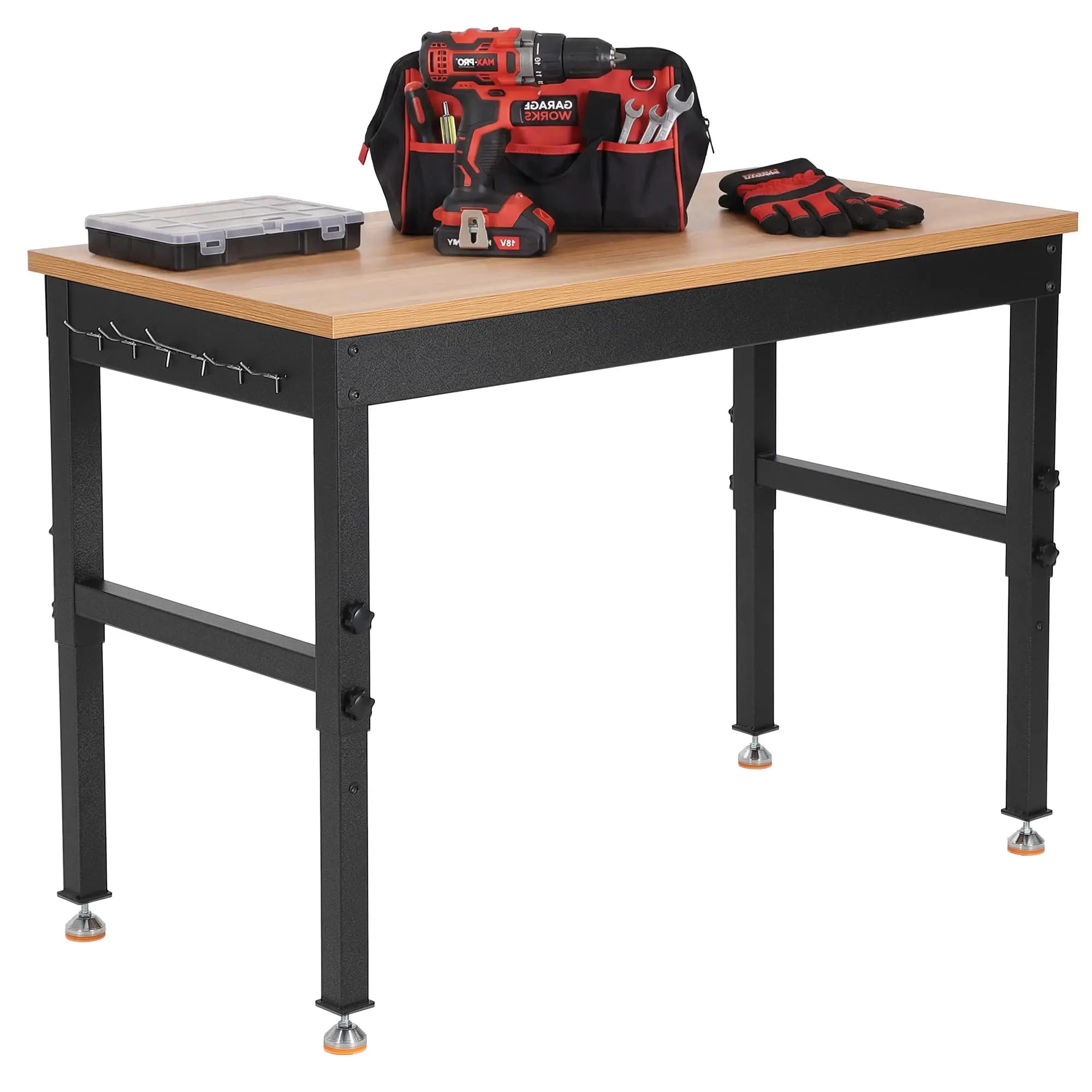 Adjustable Height Workbench with Power Outlets – Heavy Duty 2000–2500 lbs Capacity, Solid Rubberwood & Steel Top – Work Table for Garage, Workshop, Home, Office – Professional Tool Bench