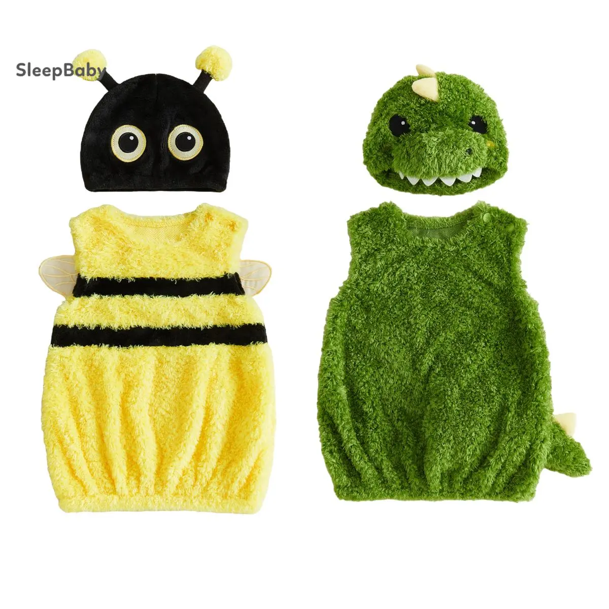 Unisex Toddler Baby Polyester Furry Texture Animal Costume Set - Infant Sleeveless Romper Suit with Matching Hat for Halloween (Dinosaur, Bumblebee Styles)