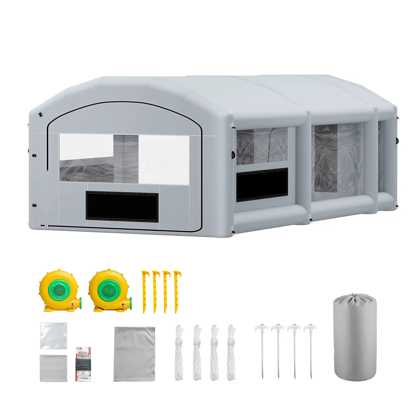 Inflatable Paint Booth, 28 x 15 x 10 ft, Portable Spray Booth with 750W+950W Blowers, Large Filter Cotton, Changing Area, Arched Roof Painting Tent for Mid-Size Pickup, Large Furniture, Gray