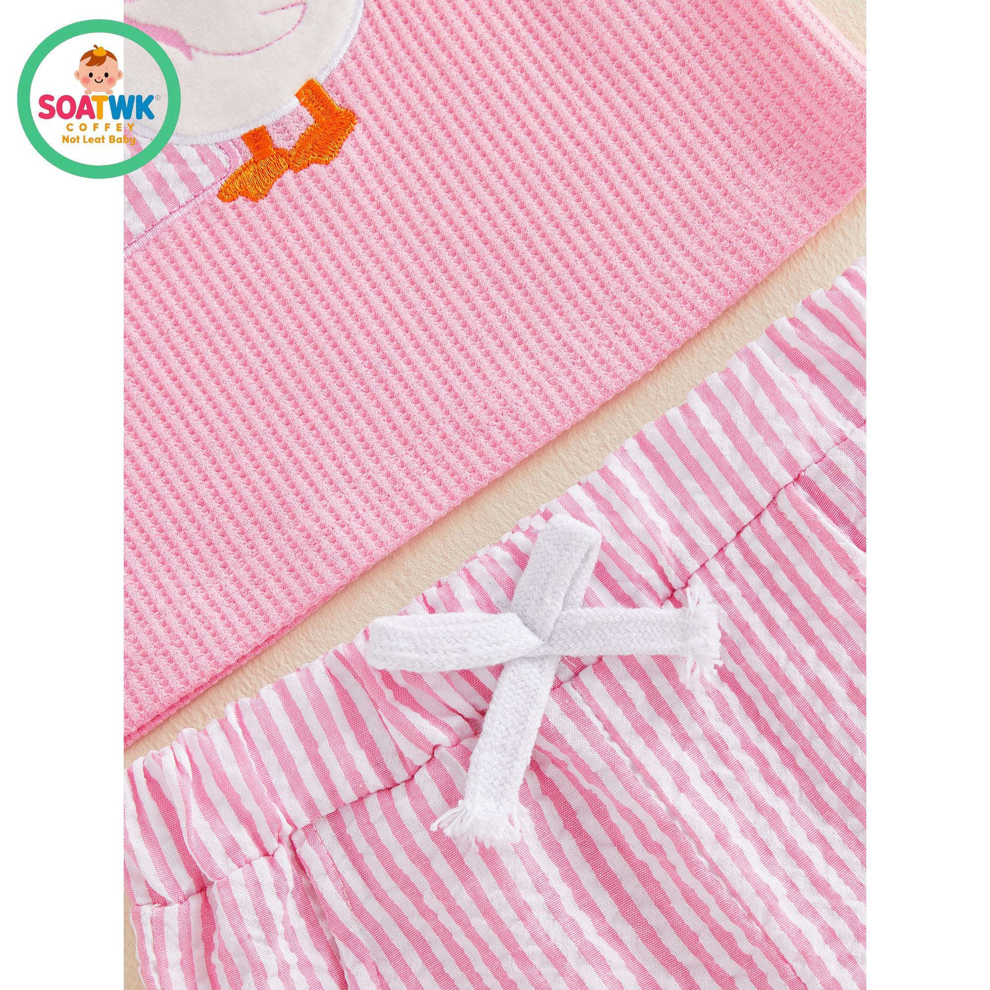 Baby Girls Birthday Outfit, Short Sleeve Embroidery Duck T-shirt with Striped Shorts Summer 2-piece Outfit