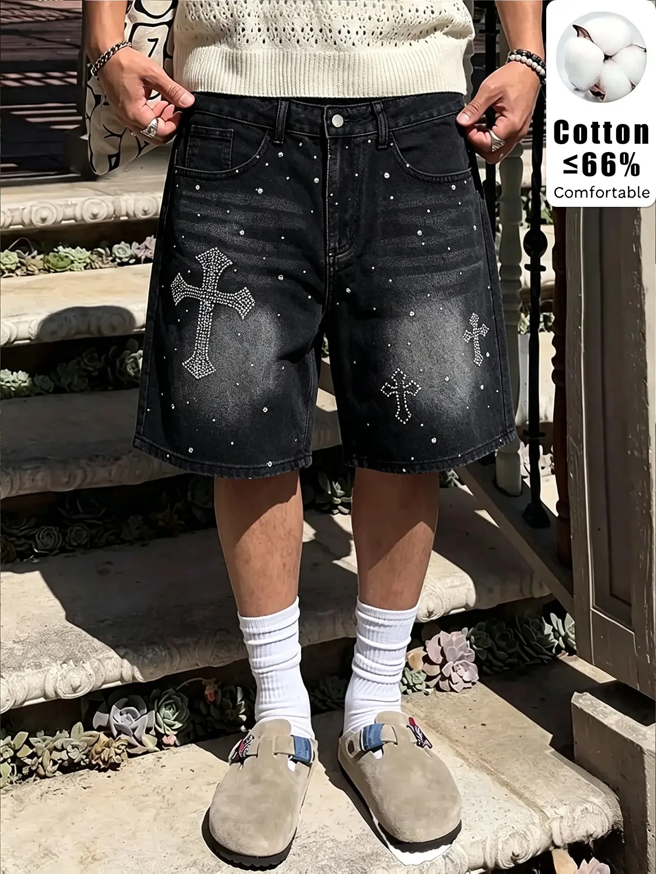 Unisex Vintage Washed Jeans, Cross Rhinestone Decoration, Loose-Fit Streetwear, Gothic Punk Style, Casual Short Pants