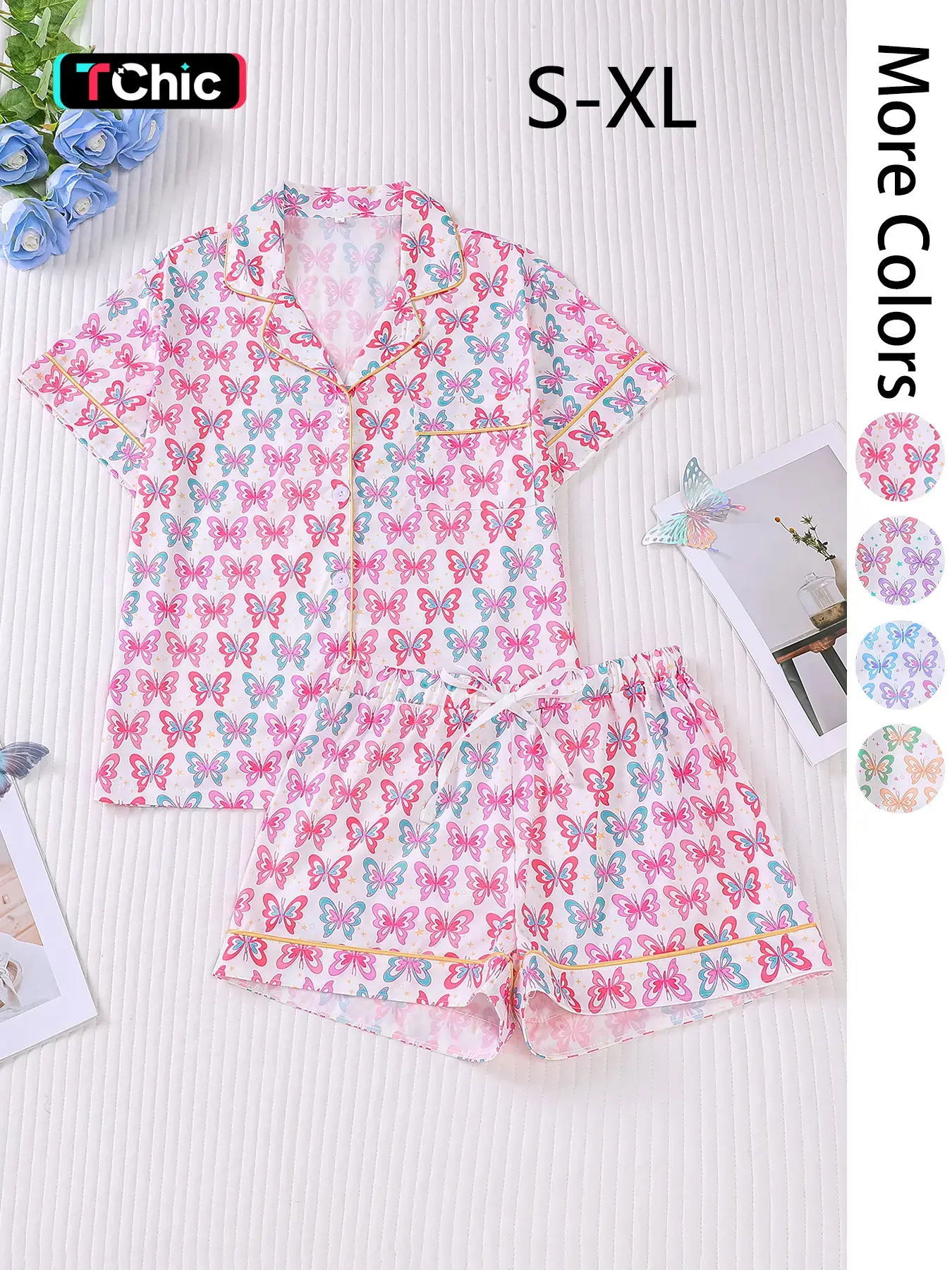 Women's Butterfly Print Lapel Collar Pajama Set, Comfortable Short Sleeve Top & Shorts PJ Set, Casual Comfy Pyjama Set for Women, Casual Sleepwear Set, Loungewear, Loungewear Pjs