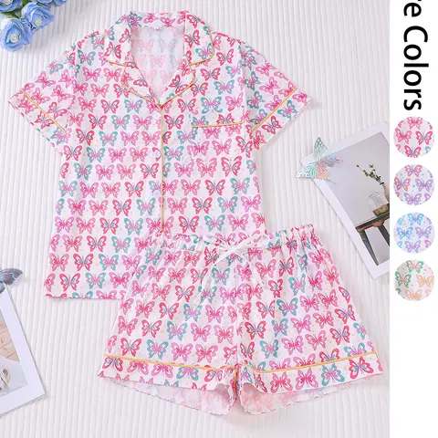 Women's Butterfly Print Lapel Collar Pajama Set, Comfortable Short Sleeve Top & Shorts PJ Set, Casual Comfy Pyjama Set for Women, Casual Sleepwear Set, Loungewear, Loungewear Pjs