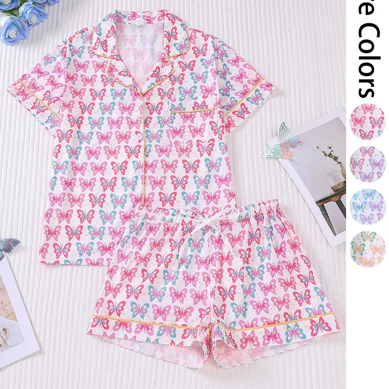 Women's Butterfly Print Lapel Collar Pajama Set, Comfortable Short Sleeve Top & Shorts PJ Set, Casual Comfy Pyjama Set for Women, Casual Sleepwear Set, Loungewear, Loungewear Pjs