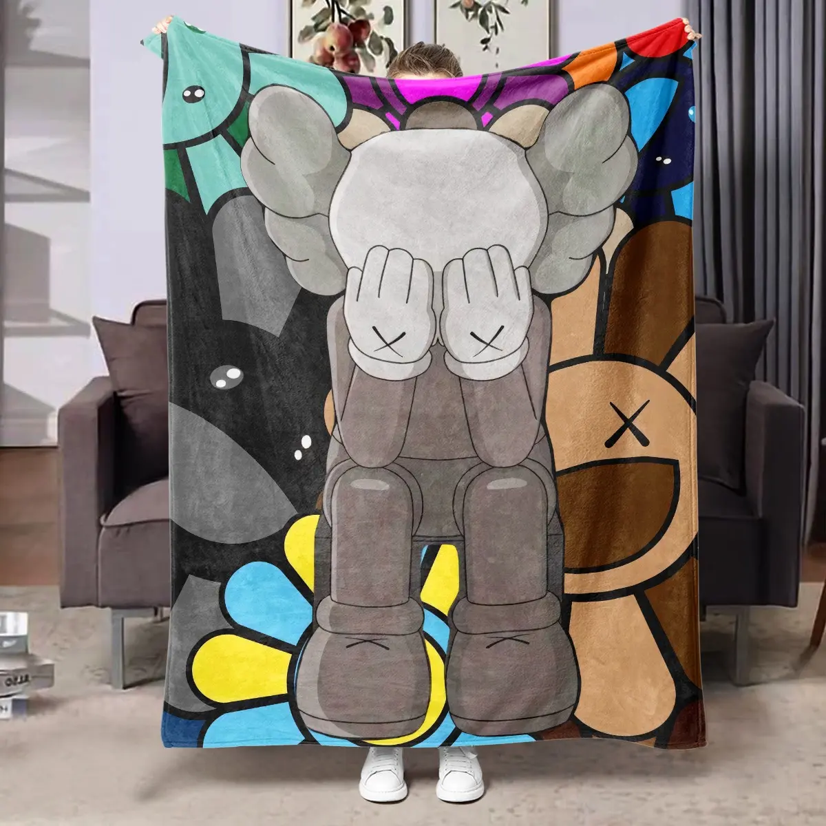 1PC Trendy KAWS Art Themed Fleece Throw Blanket, Cover Face KAWS Figure & Color Sunflower Street Art Design, Soft Cozy Warm Blanket for Sofa Bed Office Camping, Ideal Gift for Street Art Fans on Birthday & Christmas
