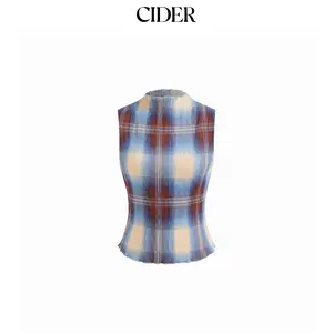 Cider High Neck Plaid Texture Lettuce Trim Tank Top SummerWins Dealsforyou