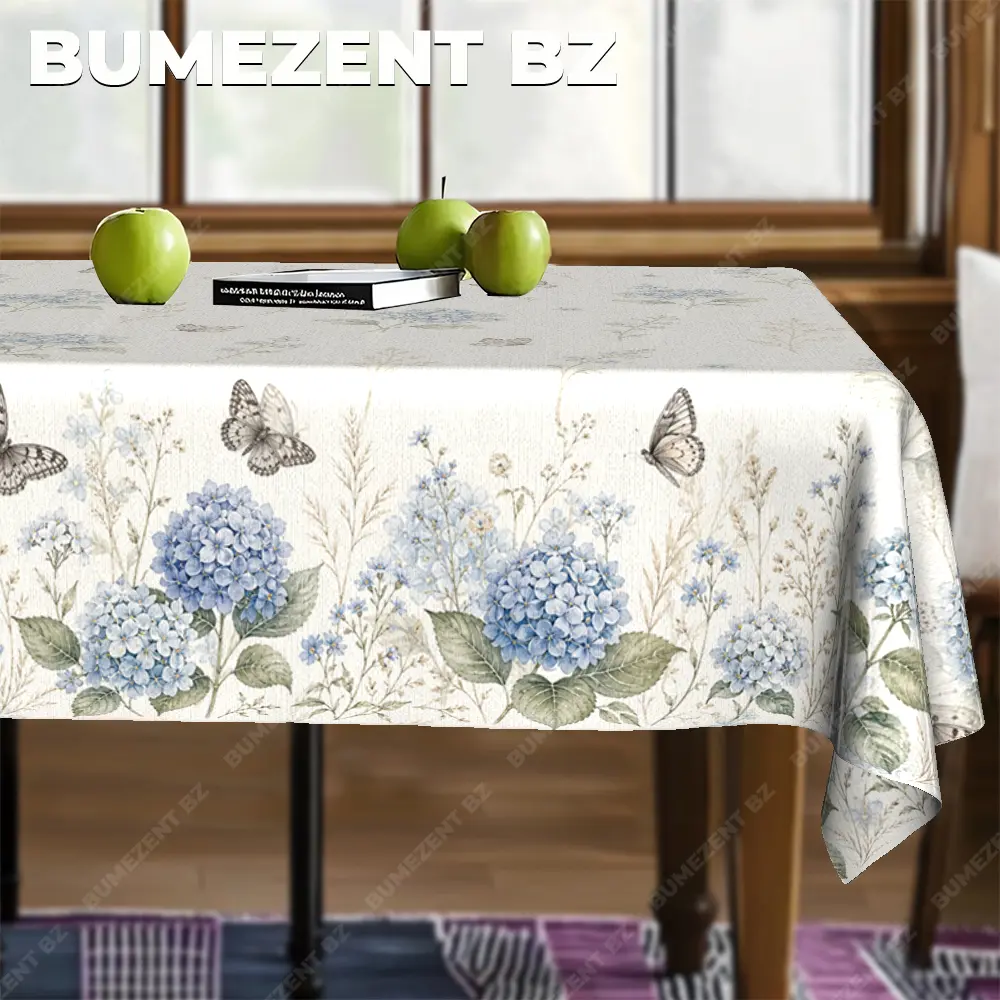 BUMEZENT BZ Vintage Hydrangea Butterfly Polyester Tablecloth - Multi-Size Rectangular & Round Options, Farmhouse Home Decor for Dining/Kitchen Tables, Rustic & Modern Styling
