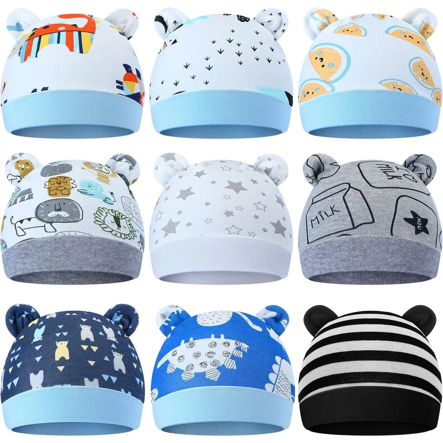Unisex 9-Piece High-Quality Newborn Bonnet with Ears Baby Hats & Caps, Beautiful Style Animal-Shaped Shapes Headwear for 0-3 Months Baby Boys & Girls, Animals