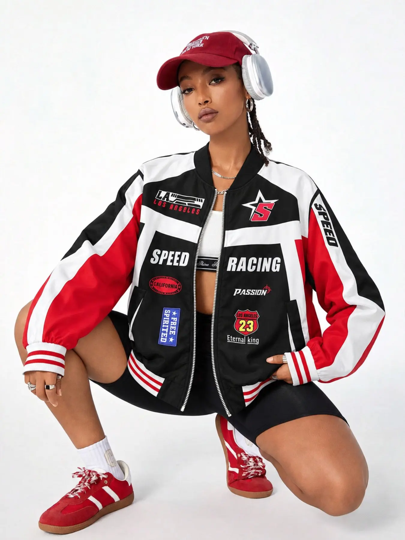 Unisex Racing Style Flight Jacket, Colorblock Zipper Design, Letter Number Badge, Ribbed Trim, Loose Streetwear Fit, Casual