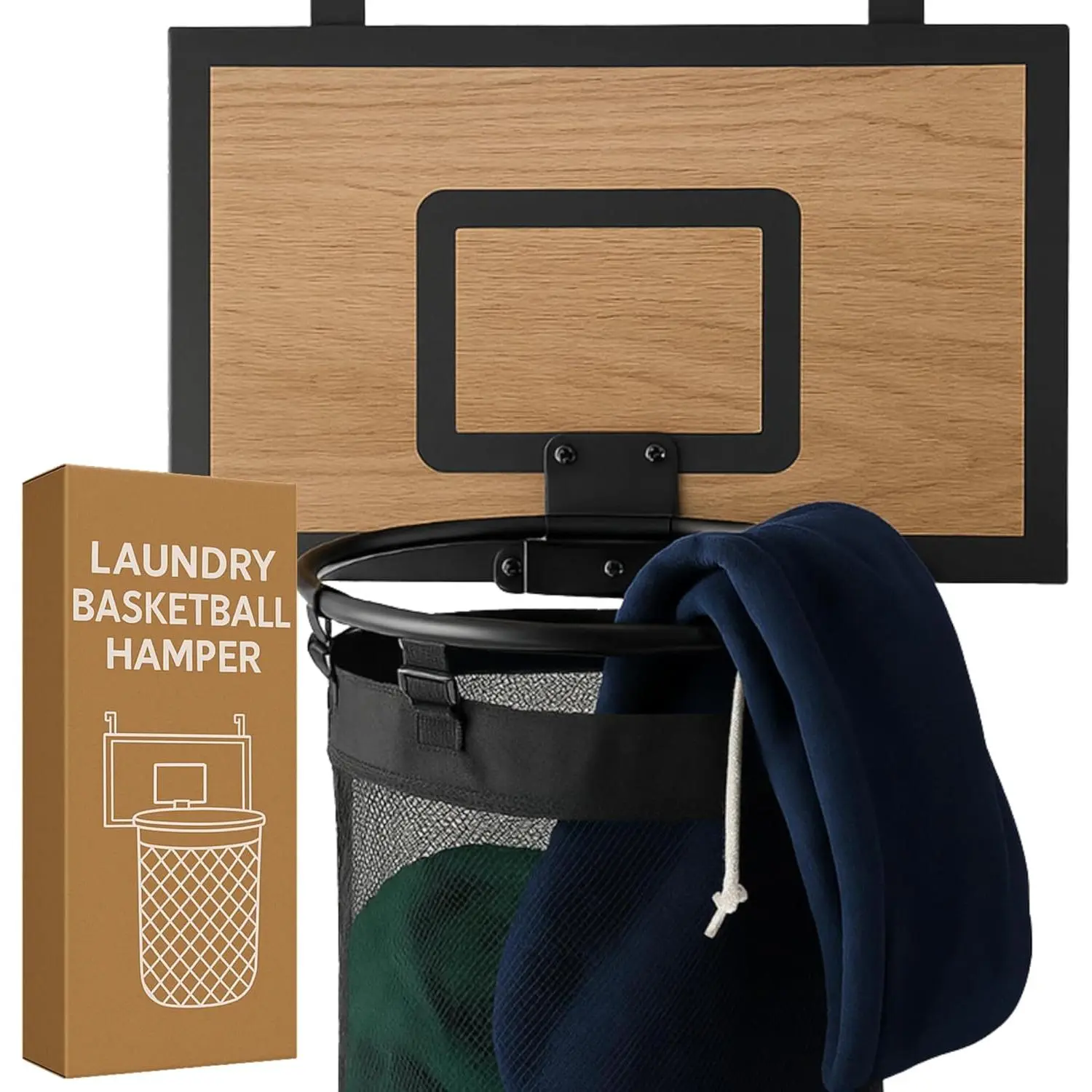 Basketball Laundry Hamper – Wooden Backboard & Mesh Hoop Laundry Basket – Over Door Hanging Organizer for Kids - Cedarwood Brown