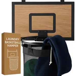 Basketball Laundry Hamper – Wooden Backboard & Mesh Hoop Laundry Basket – Over Door Hanging Organizer for Kids - Cedarwood Brown