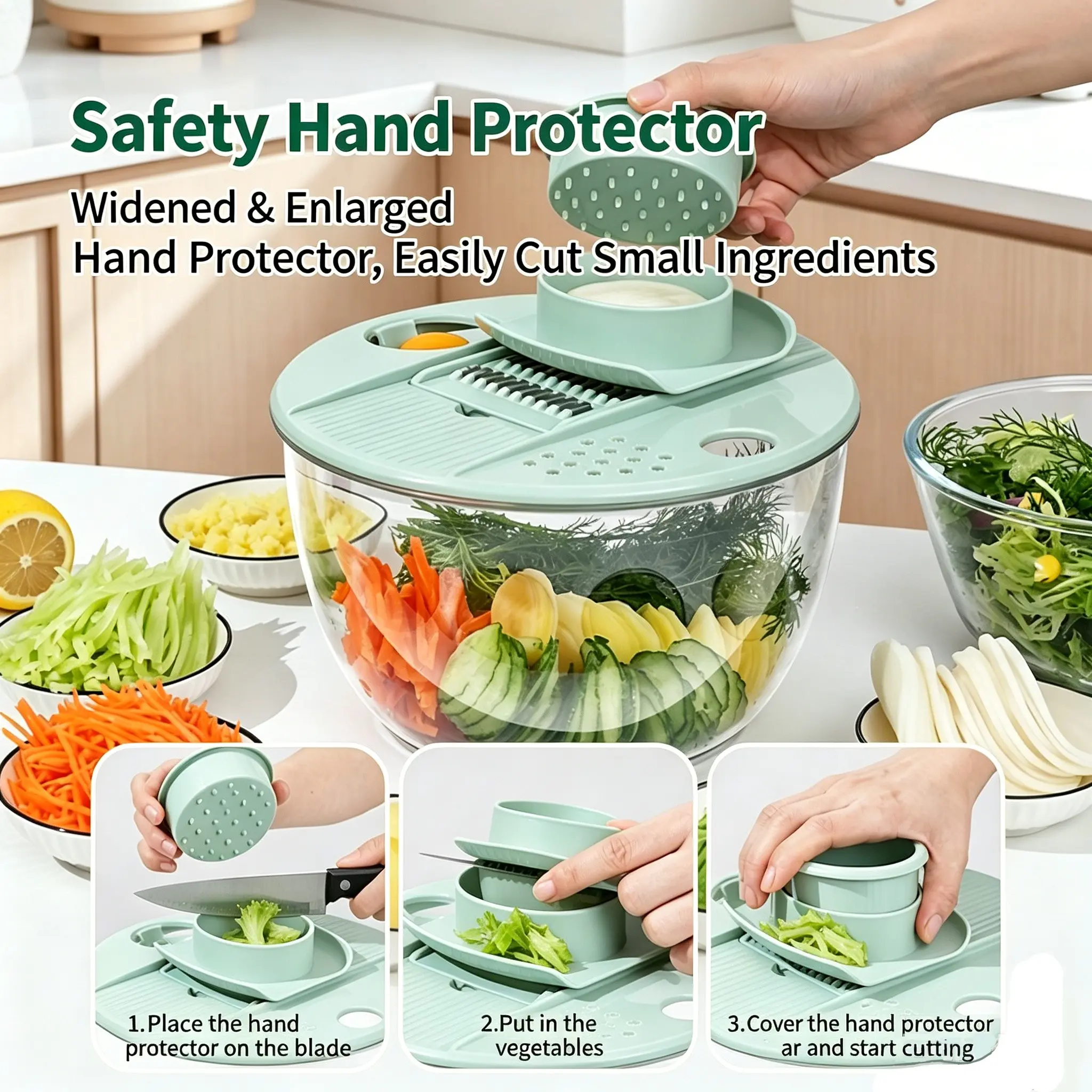 Three-In-One Fruit and Veggie Washing Bowl, with Filter, Colander, Drainer, 5 Blade Salad Spinner, Egg Yolk Separator, 5.3 Quart Capacity, Easy to Use