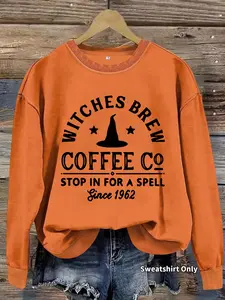 Women's Witch's Brew Coffee Print Crew Neck Sweatshirt, Casual Everyday Long Sleeve Pullover for Daily Wear, Ladies Fall & Winter Clothes, Hoodie, Halloween, Witches Brew, Womenswear