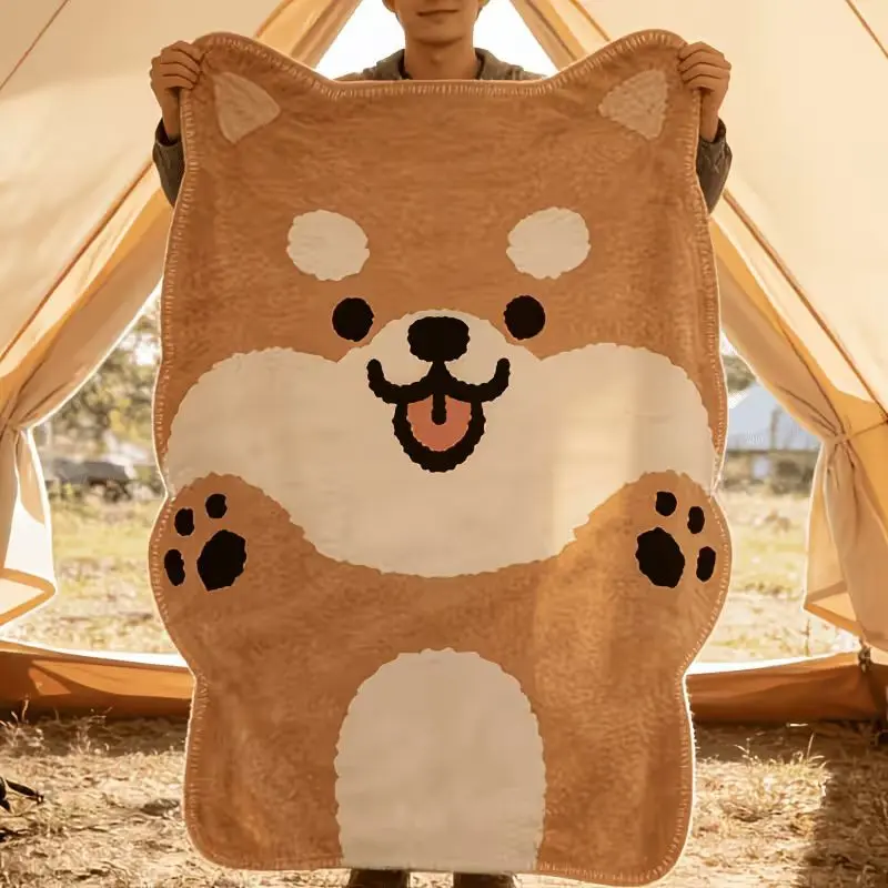 1pc Cartoon Smiling Shiba Inu Shaped Fleece Blanket, Brown And White Tongue Out Waving Puppy Simple Cartoon Print, Soft Healing Cute Pet Style. Soft Warm Cozy Nap Throw, Multi-use for Sofa, Bed, Office, Shawl, Camping, Perfect Christmas Gift.