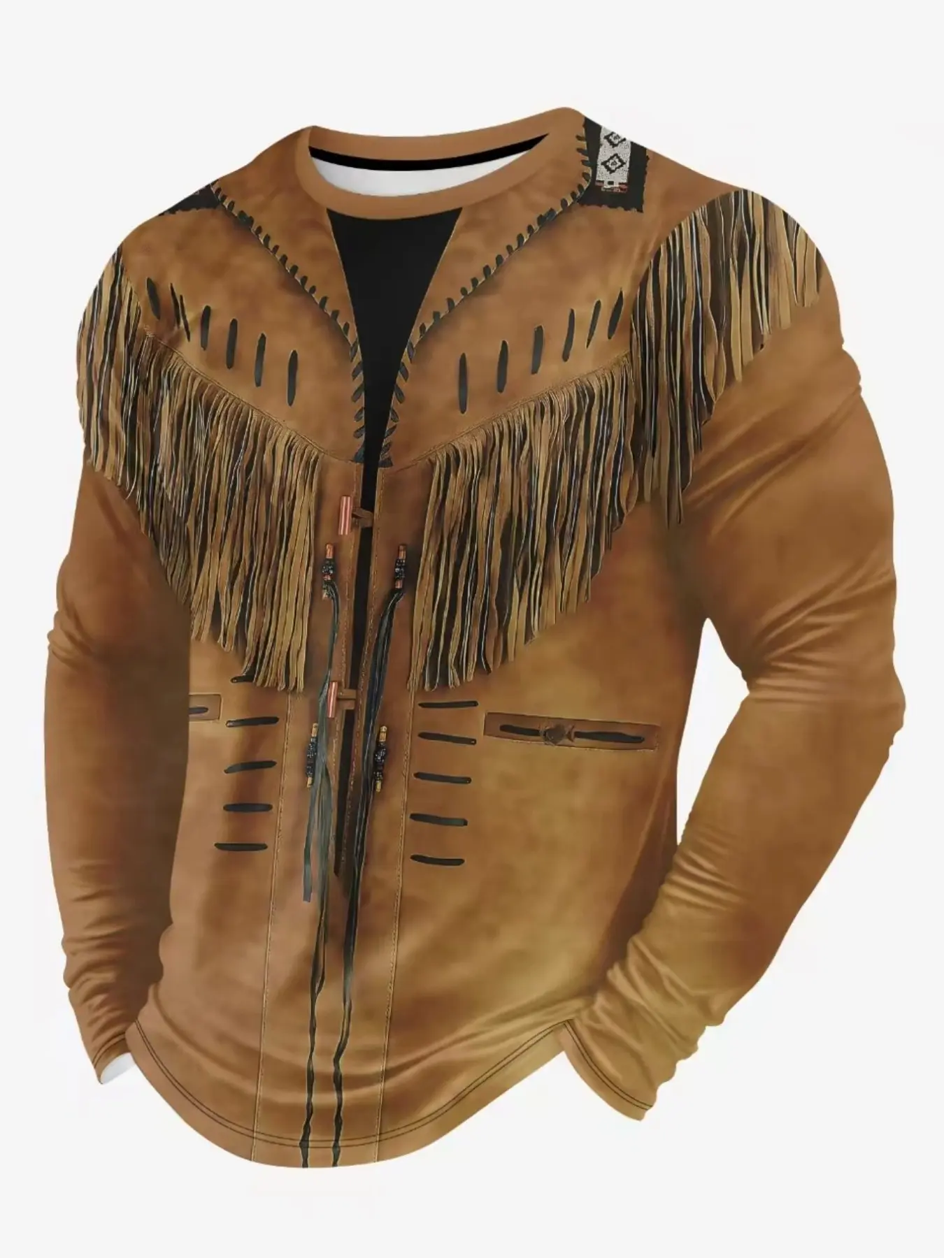 Men Crew Neck Long Sleeve T Shirt Western Cowboy Fringe Faux Leather  Print Vintage Ethnic Graphic Loose Casual Street Top For Outdoor Travel Party Daily Outfit