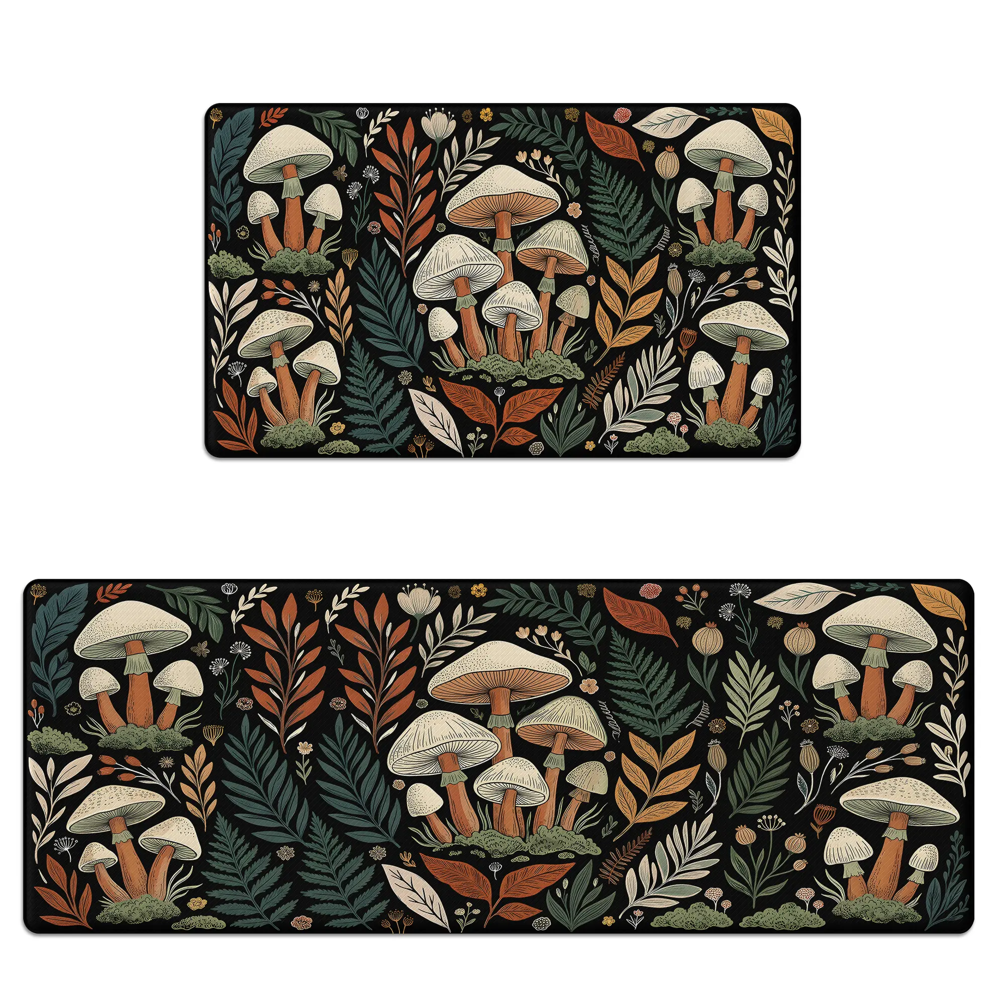 Kitchen Mat Set of 2 Anti-Fatigue Cushioned Memory Foam Kitchen Rugs, Non-Slip, Scratch-Resistant & Waterproof Botanical Mushroom Forest Floor Mats