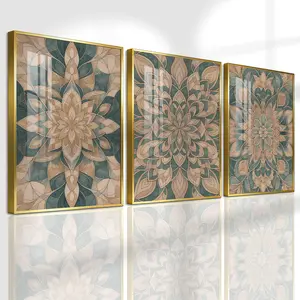 3 Count Aluminum Alloy Frame Canvas， Boho Mandala Flower Fashion Poster， Modern Living Room Decoration， Light Luxury Family Art， Suitable For Bedroom， Corridor And Office Wall Decor， Gift
