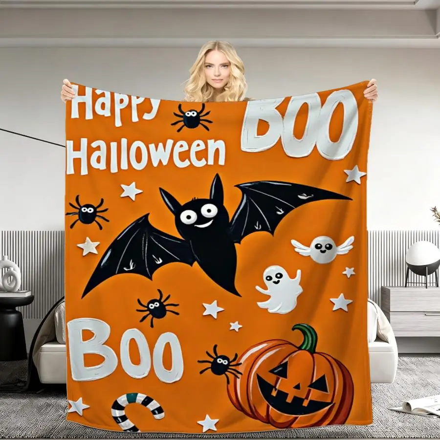 1pc Halloween Flannel Fleece Weighted Blanket 280GSM with Cute Bat, Pumpkin and Pattern on Orange Background Men's T-shirts Wash 100% Single Sided Printing Usable Year-round Summer Cooling Blanket