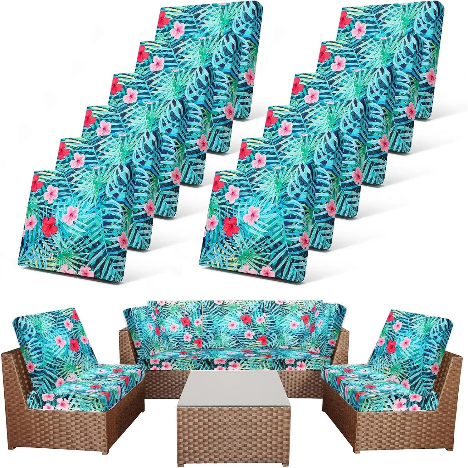 12 Pcs Patio Cushion Covers Outdoor Stretch Replacement Sofa Couch Slipcover, Washable Flexible Seat Chair Protector for Porch Patio Furniture, Colorful Palm Leaf