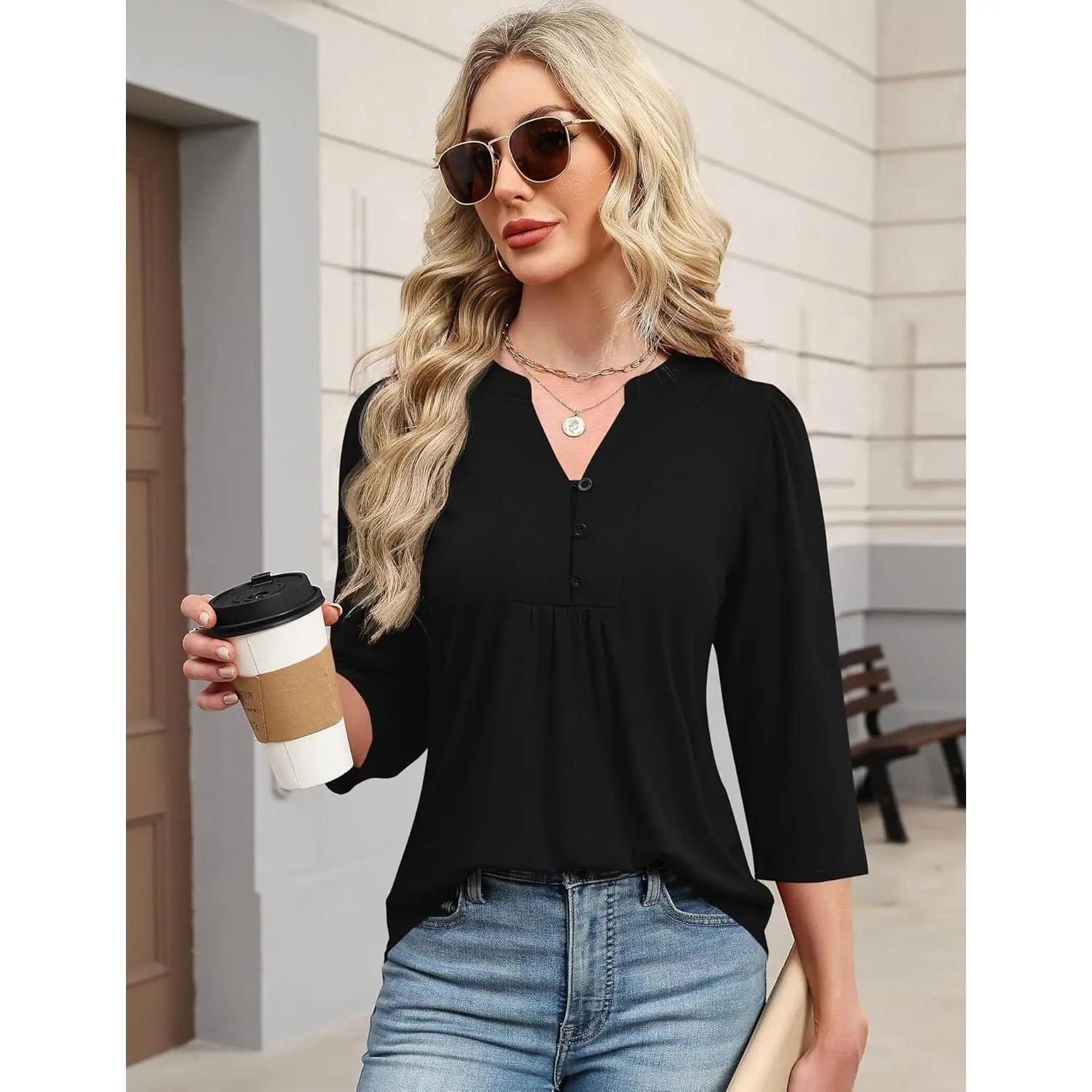 3/4 Length Sleeve Womens Tops Dressy Casual Henley V-Neck Summer Tops Pleated T-Shirts Loose Fit Work Blouses
