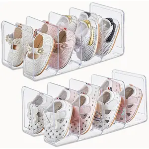 Clear Acrylic Kids Shoe Rack for Closet Organizers and| 2 Pack Small Shoe Rack 4 Sections Toddler Baby Shoe Organizer Stackable Shoe Shelf, Desk File Sorter Book Purse Organizer
