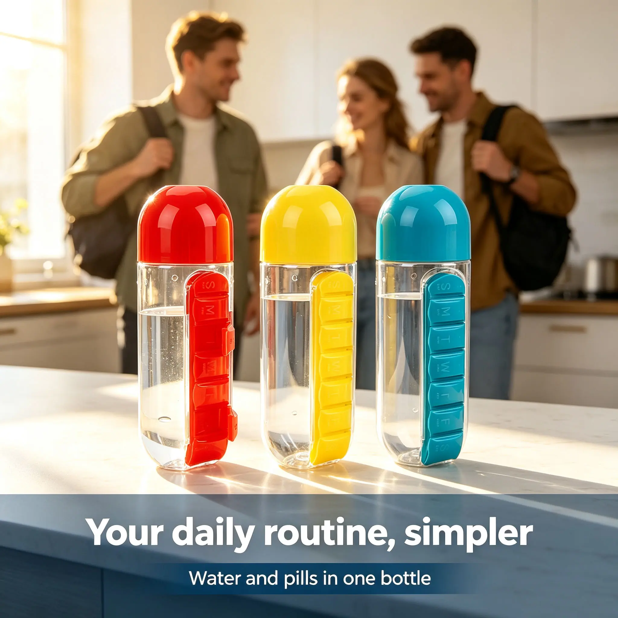 2-in-1 Pill & Drink Water Bottle, Oval PC Plastic Cup with Grid Pattern Grip and a 7-Compartment Blue Pill Box for Travel Use, 7-Compartment Blue Pill Box With Water Cup, Oval Shape