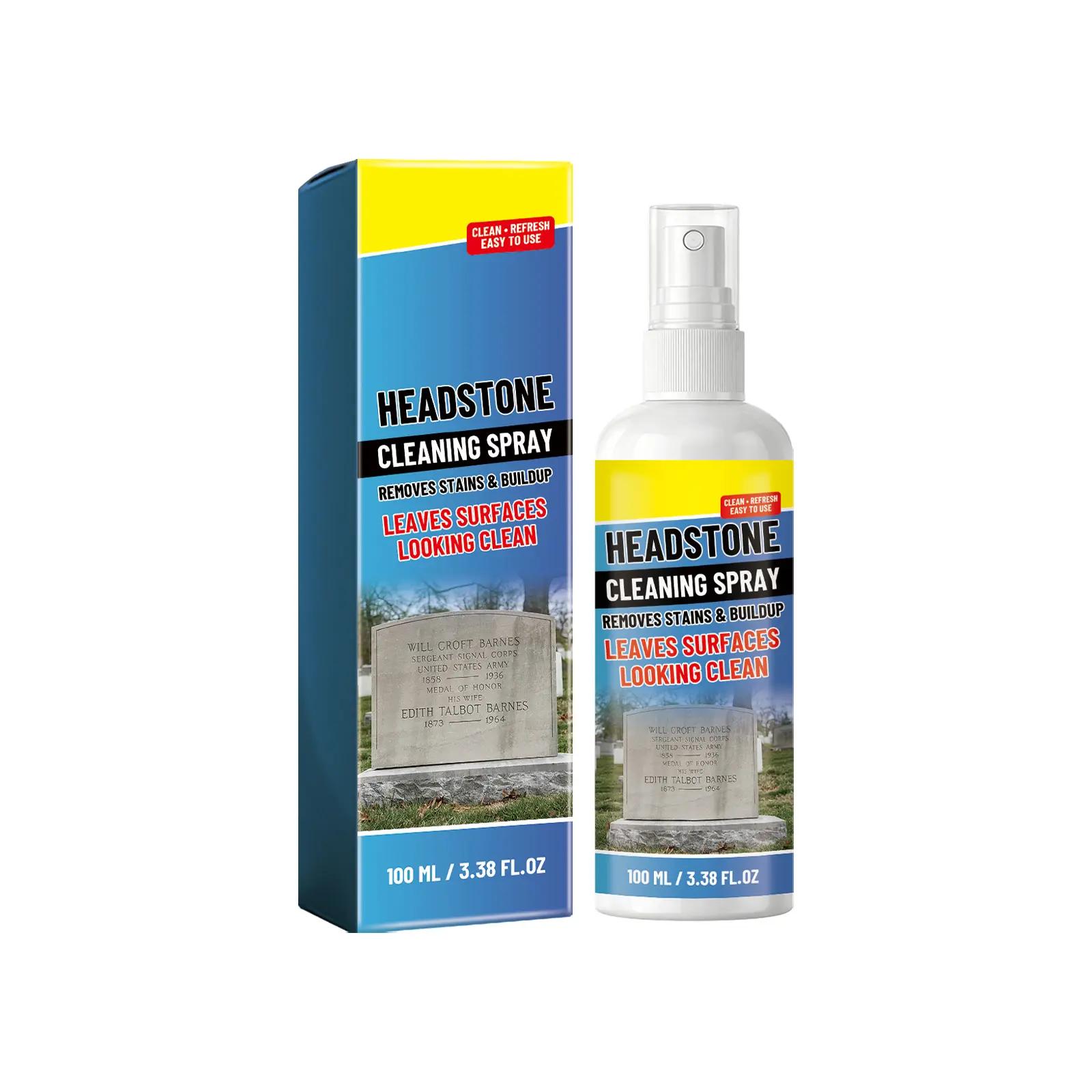 Gravestone Cleaning Spray - Gentle Concentrated Pure Formula with Isopropyl Alcohol, Cleans Renews Stained Surfaces, Brightens Facilitates Maintenance, Includes Glass Cleaner & Microfiber Cloth (For Outdoor Household Use)