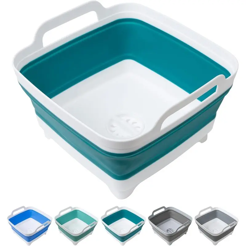 Outdoor activitiesTiawudi Dishpan for Washing Dishes, 2.4Gal/9L Wash Basin with Draining Plug Carry Handles, Collapsible Bucket for Cleaning, Portable Sink, Foldable Plastic Tub, 1PC