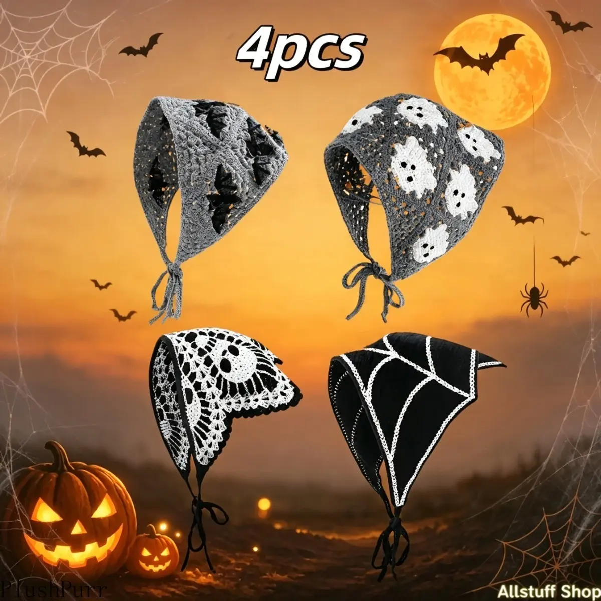 Women's 4-Pack Polyester Bohemian Crochet Headbands, Halloween Ghost Bat Web Patterns, Elastic Stretchy Breathable Hair Accessories, Outdoor Wear DIY Bag Accessories, Breathable Headdress tiktokshopbacktoschool, Headband Shape