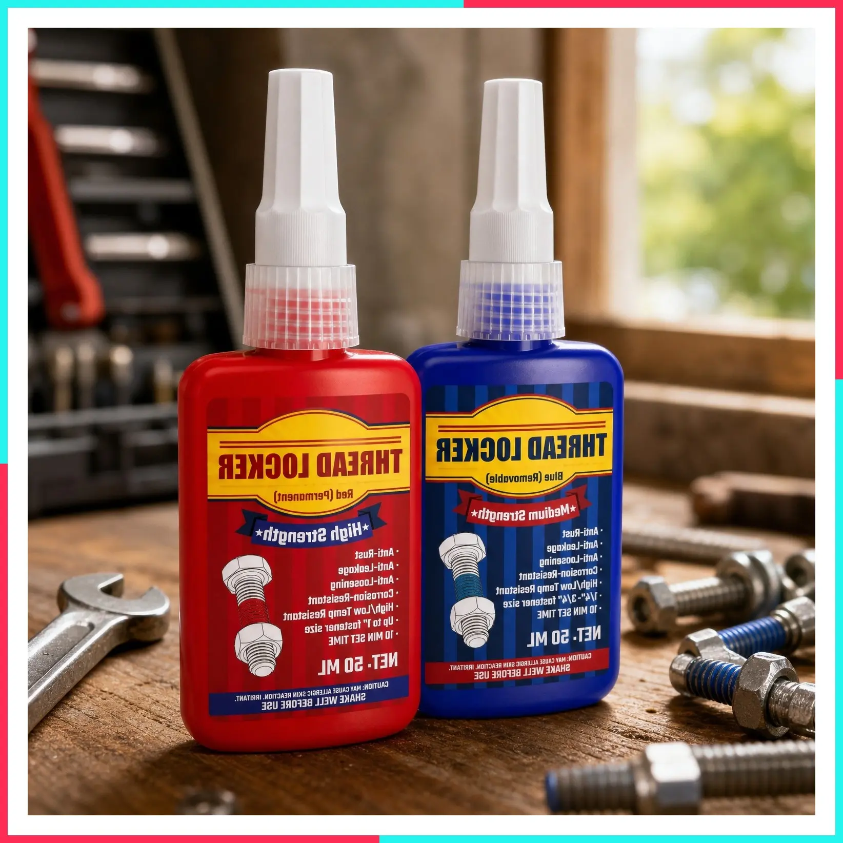 Blue and Red Thread Lock, Medium & Strong Strength Anaerobic Threadlocker for Nuts, Bolts, Fasteners and Metals to Prevent Loosening