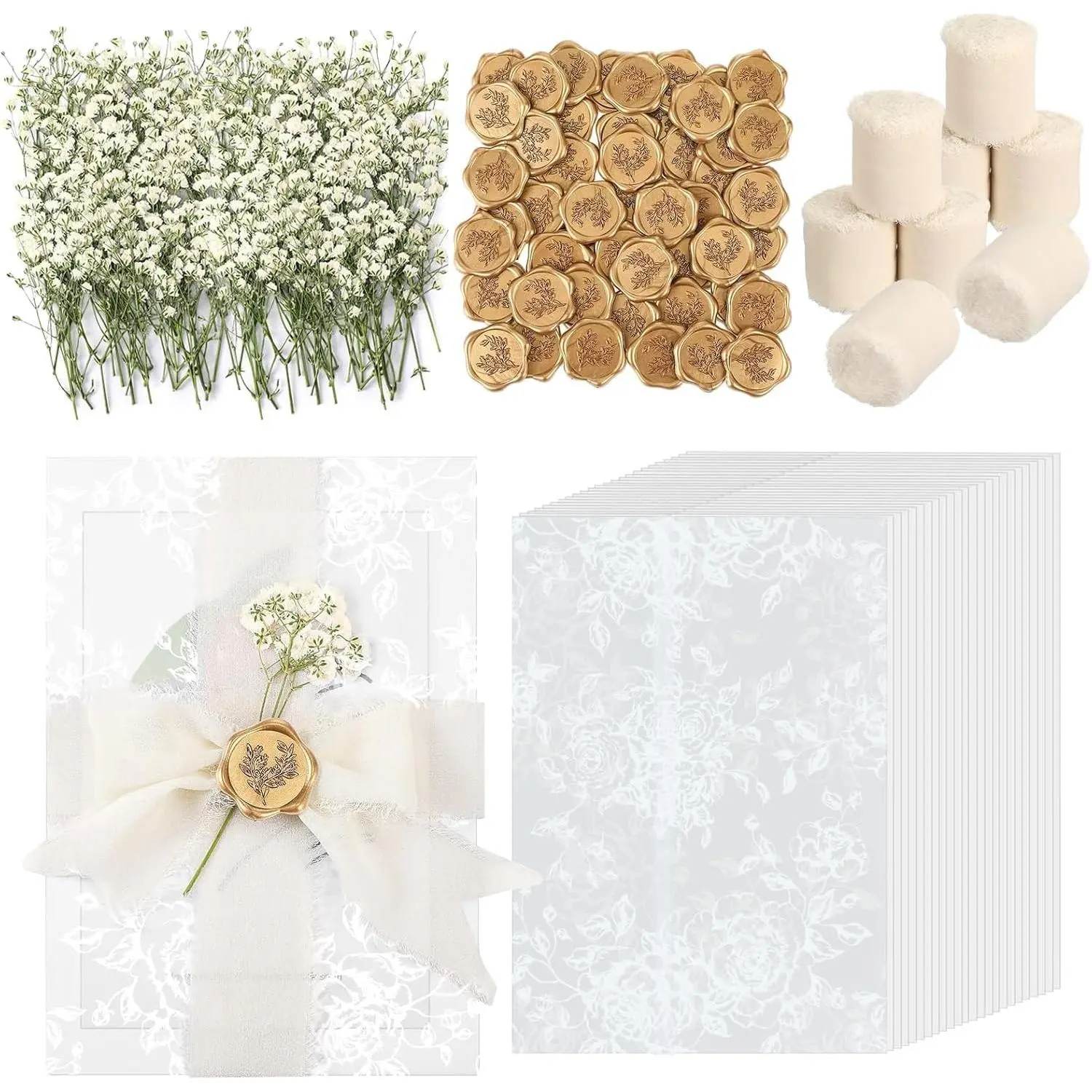 Wedding Invitation Accessories Kit, Pre-Folded Vellum Jackets for 5×7 Invitations with Wax Seal Stickers, Ribbon & Dried Flowers, Elegant Wedding Invitation Accessories for DIY Bridal Invites (White-Rose, 50)