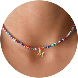 Colorful Initial Necklaces for Girls Kids - Cute Beaded Initial Necklaces for Women Teen Girl Gifts Trendy, Dainty Choker Letter Necklace Jewelry Birthday Gifts for Girls