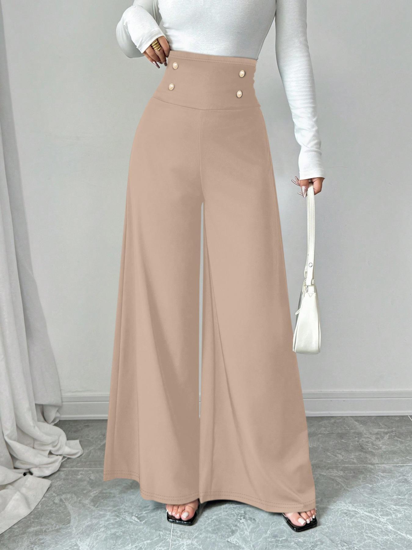 Women's Solid Color Button Decor High Waist Wide Leg Pants, Casual Comfy Trousers for Spring, Women's Bottoms for Daily Wear