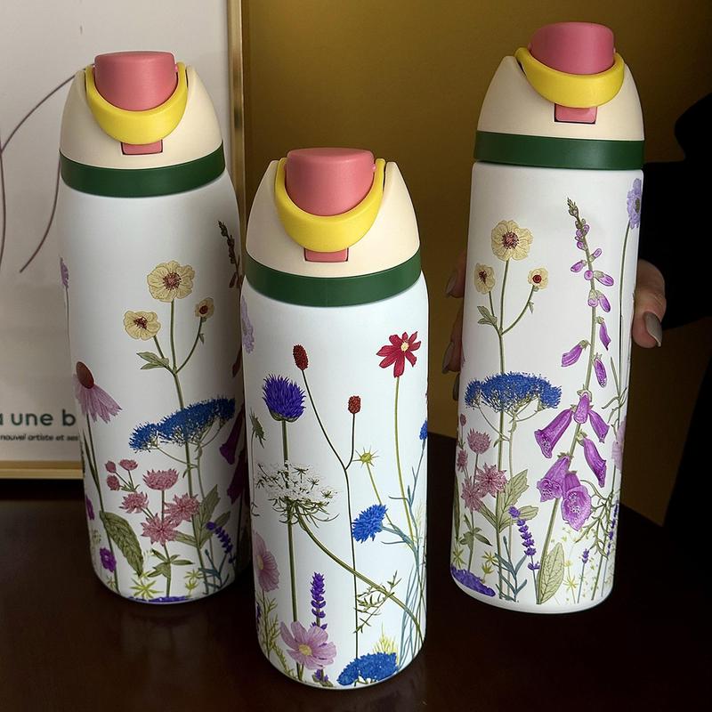 Flower Pattern Vacuum Flask, 1 Count Portable Insulated Water Bottle with Straw, Summer Cool Bottle Drinking Cup for Home Office School Outdoor Camping, Drinkware