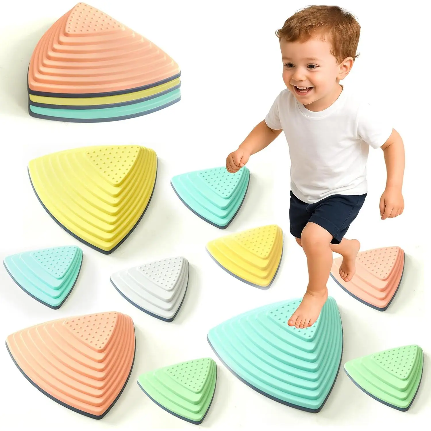 Triangular Stepping Stones  Kids –  Toy  Toddlers (Pack of 10) |   Calm Color Indoor Obstacle Course Set |   Gross Motor Play  Ages 3+ |   Non-Slip Design