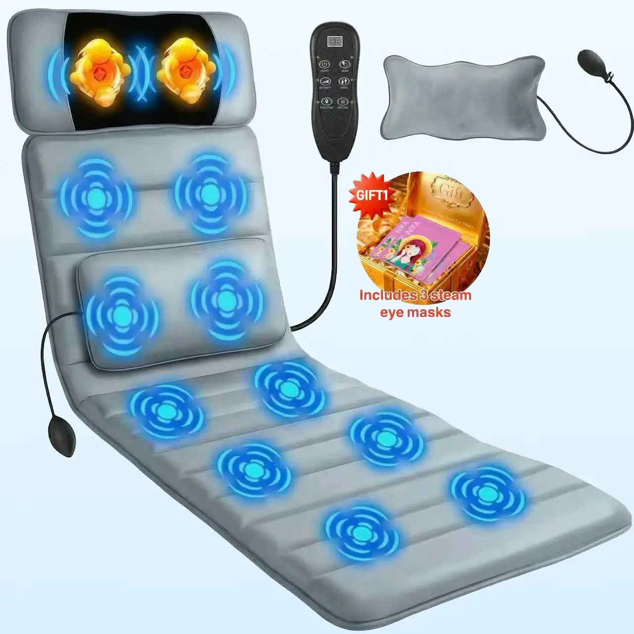 Full-Body Multifunctional Massage Mat Supports Neck, Back And Waist. Equipped with 10 Vibration Motors, 9 Adjustable Intensity Levels And 12V Safe Voltage. Made of Grey Velvet, Foldable for Easy Storage, Ideal Holiday Gift for Relatives