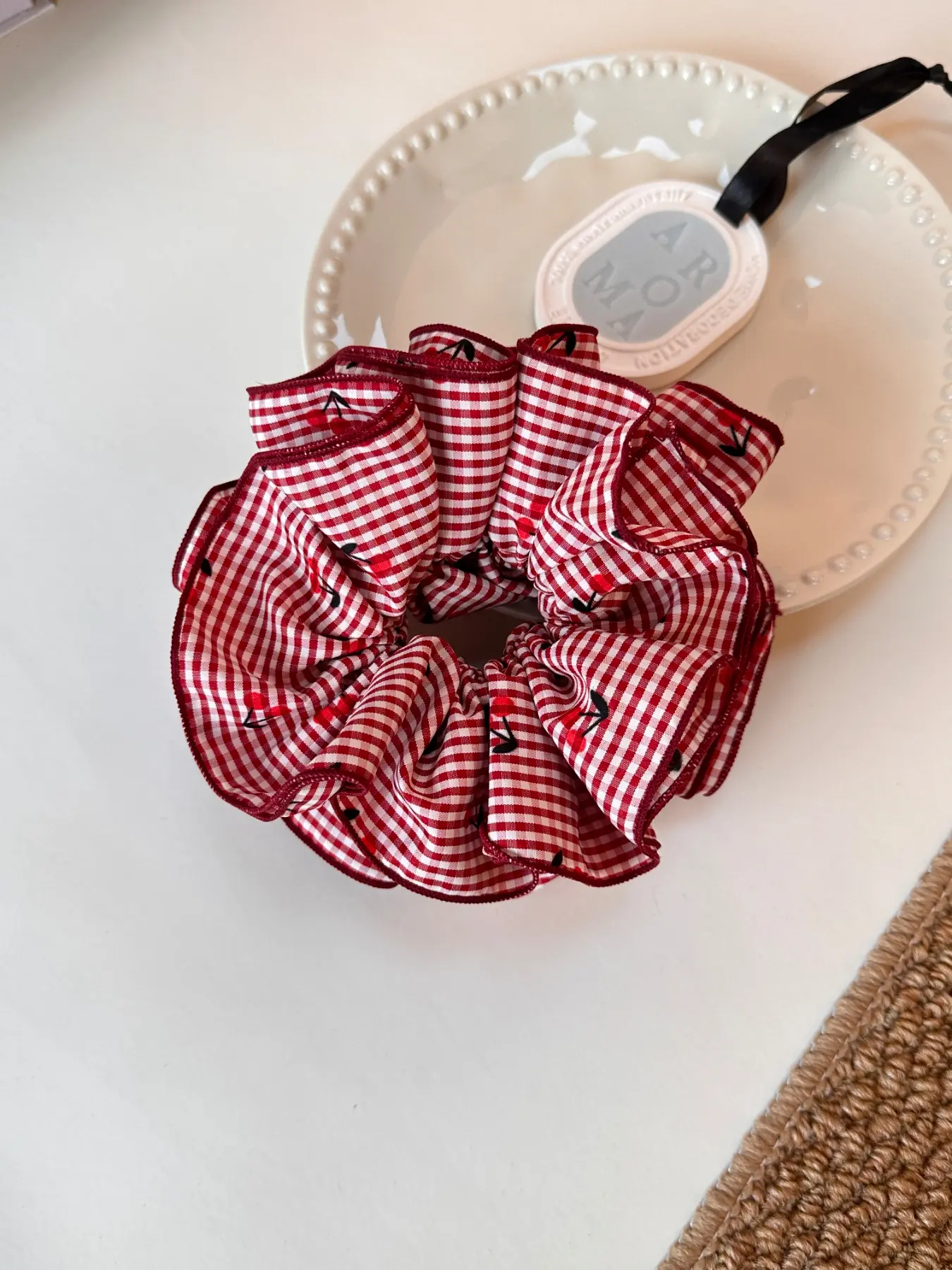 Korean Sweet Red Grid Cherry Waist Scrunchie, Lazy Chic Hair Tie, Versatile Daily Ponytail & Bun Accessory