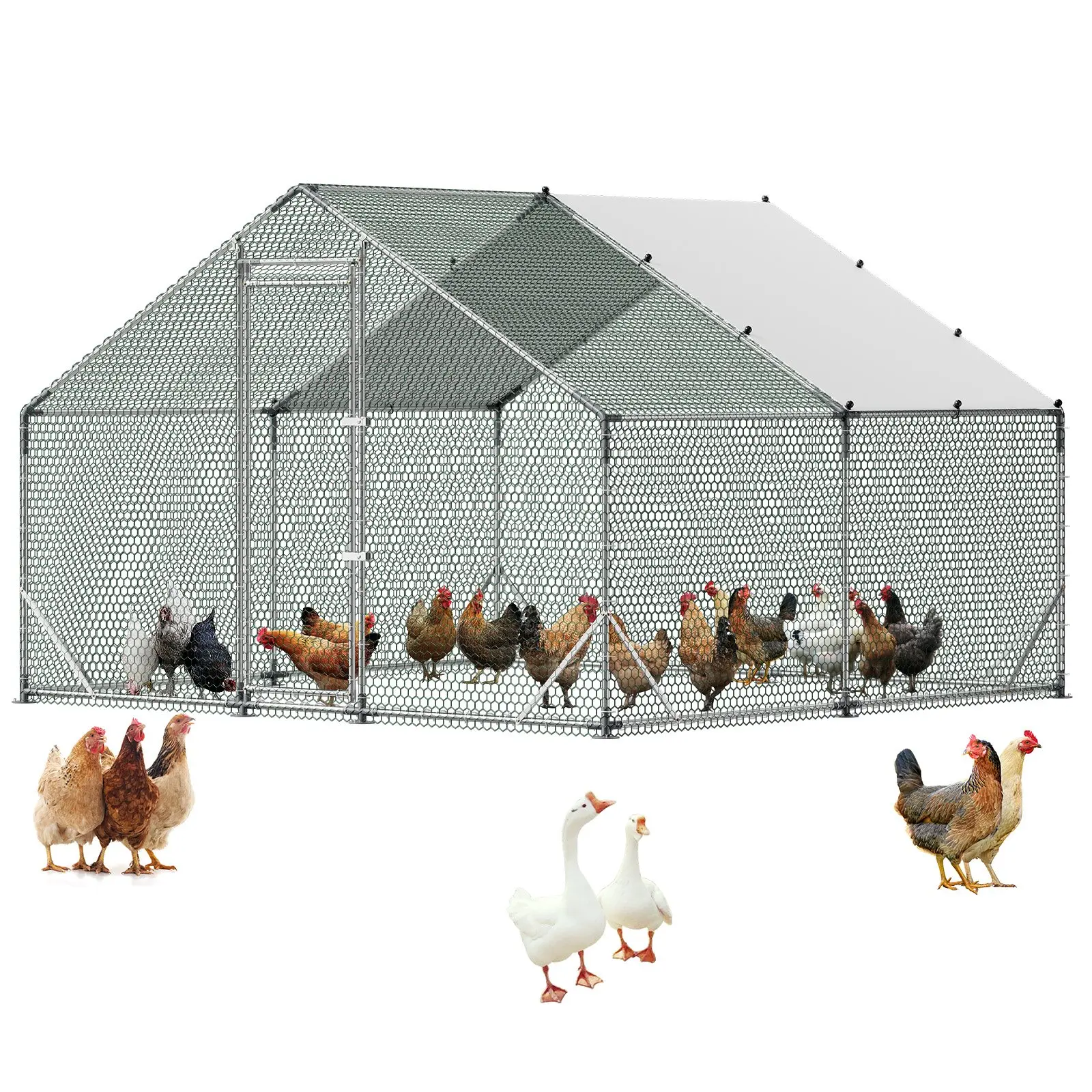 VEVOR Large Metal Chicken Coop, 9.8x9.8x6.6 ft Walk-in Poultry Cage with Waterproof Cover, Sturdy Frame & Spire Roof, Outdoor Backyard Farm Pen for Hen Rabbit