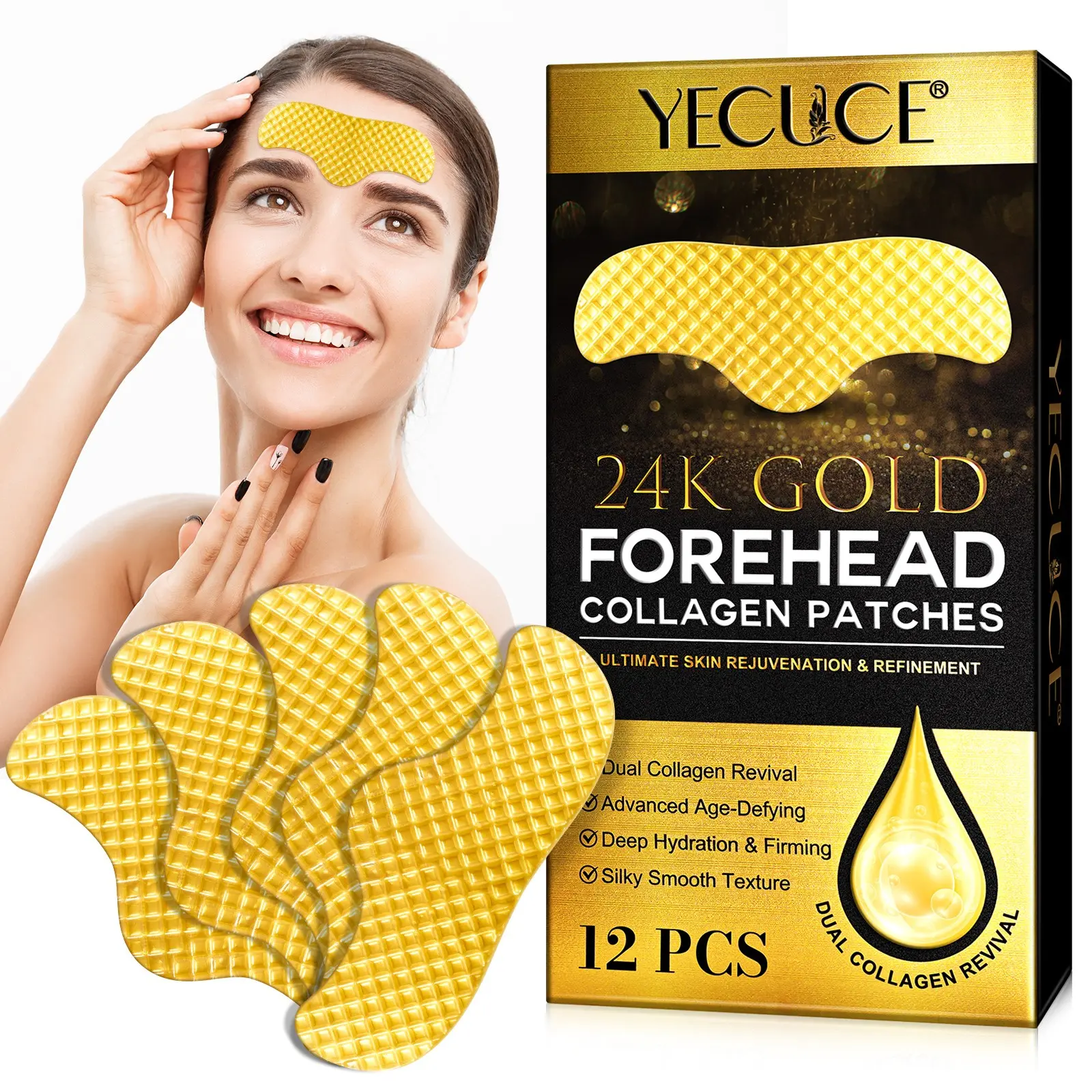 Yecuce Gold Collagen Forehead Patch, 12 Patches Per Box, Rich in Collagen, Enhances Skin Strength and Elasticity, Forehead Mask