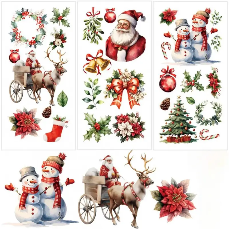 3 Sheets Christmas Rub on Transfers for Crafts and Furniture 12*6inch Winter Reindeer Santa Claus Furniture Transfer Stickers for Wood Cabinet Dressers Home Decor