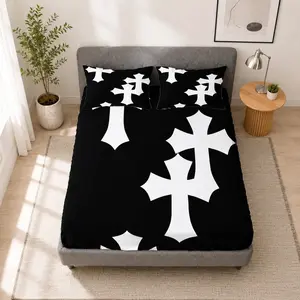3 Piece Cross Pattern Fitted Sheet Set, 1 Fitted Sheet and 2 Pillowcases, Pillow Inserts Not Included, Minimalist Gothic Style Single-Sided Print Elastic Mattress Cover, Soft Comfortable Bedding Set for Bedroom, Dorm, Apartment and Guest Room