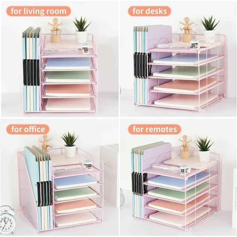 Office Desk Organizer, 5-Tier Paper Letter Tray with File Holder Multifunction Office Supplies and Accessories for Office School Home (Pink)